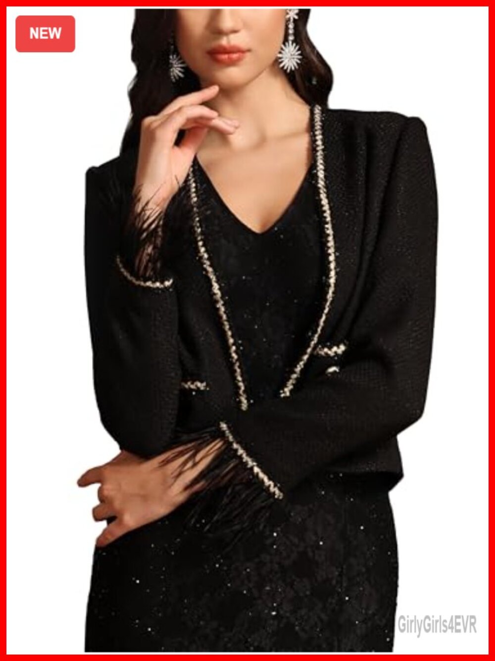 Crop Tweed Blazer with Feather Trim, V-Neck Collarless, Long Sleeve Dressy